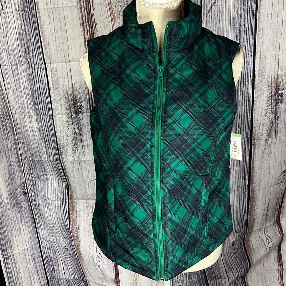 Womens Laura Scott green plaid full zip vest NEW Med petite